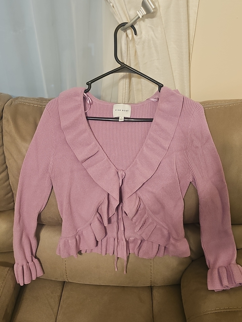 Pink Rose Mauve Ruffled Ribbed Tie-Front Cardigan